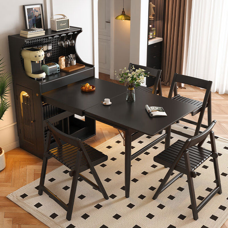 Solid wood folding dining table and sideboard integrated French black retractable dining table American multifunctional dining table for small apartments Yahei solid wood folding dining table + solid wood folding chairs*6