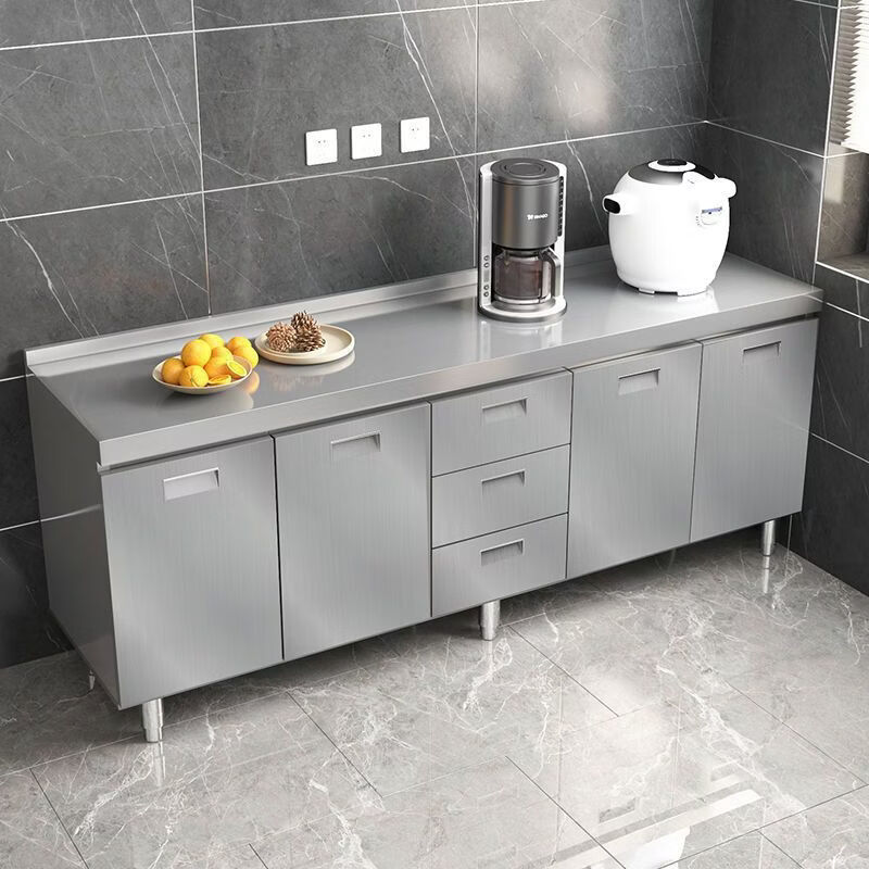 CLCEY304 stainless steel kitchen cabinet complete installation-free integrated cabinet steel combination household all-in-one economical cupboard Practical* single basin model 304 thickened stainless steel countertop 200cm three-door basket model Remarks: 55cm countertop on the left and right