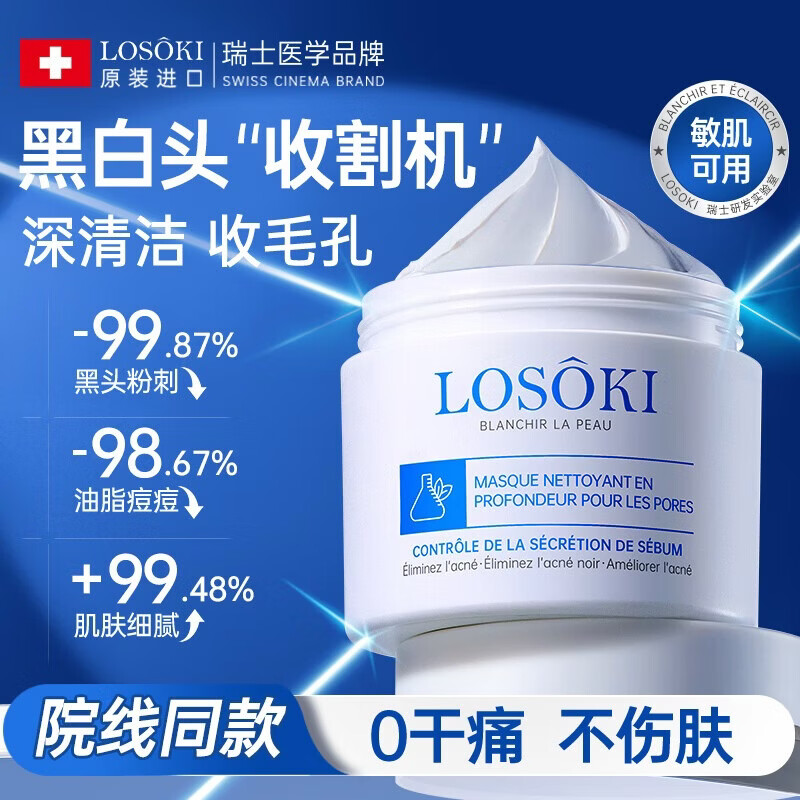 Losoki Swiss imported cleansing mud mask 150g deep cleaning blackhead removal shrink pores acne closed mouth hydrating mask