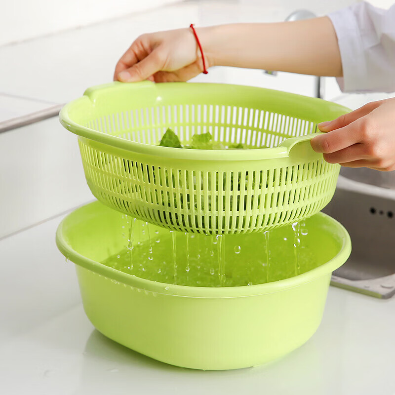 Shantou Lincun vegetable basin double-layer thickened vegetable drain basket household fruit plate storage basket multi-functional vegetable basket kitchen utensils Nordic Green