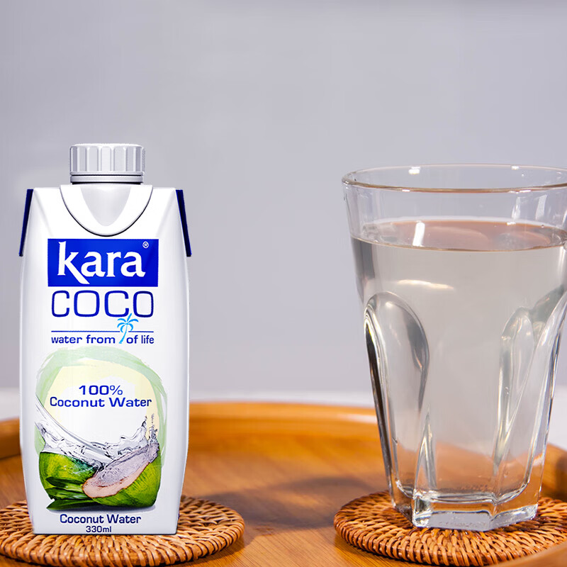 KARA 100% coconut water 330ml*12 bottles, containing electrolytes, quick hydration drink, 0 fat and low calorie