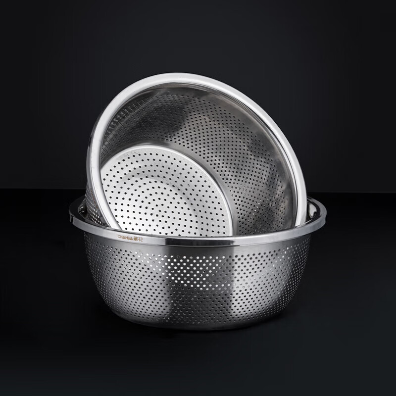 Camellia stainless steel vegetable washing basket, thickened rice sieve, dense hole vegetable washing fruit basin, round household and washbasin, 28cm (basin deepened) 1 piece