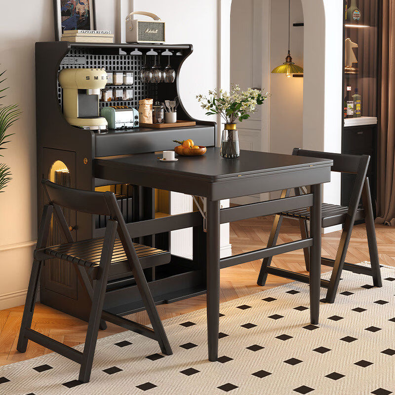 Solid wood folding dining table and sideboard integrated French black retractable dining table American multifunctional dining table for small apartments Yahei solid wood folding dining table + solid wood folding chairs*6