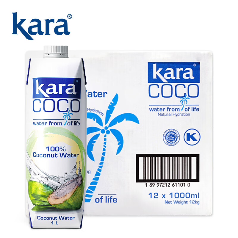 KARA 100% coconut water 1L*12 bottles containing electrolytes, quick hydration drink, 0 fat and low calorie