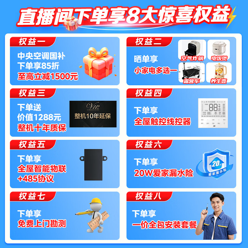 Haier 15% off when placing an order. Central air conditioner produced by Zhijia, one to four, one to three, full DC frequency conversion, first-class energy efficiency, intelligent IoT self-cleaning leader Yuanqi 6 HP, one to five, three rooms and two living rooms, 120 double fans