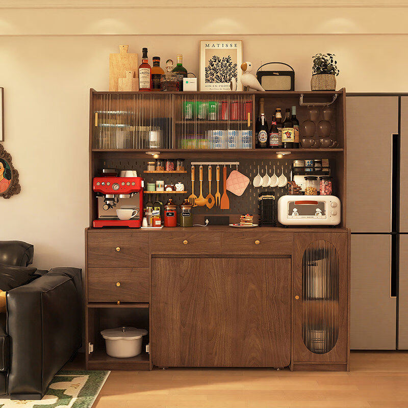 Solid wood folding dining table and sideboard integrated retractable retro small apartment with medieval style wall-mounted home table All solid wood walnut color 1 point 6 table cabinet + 4 chairs