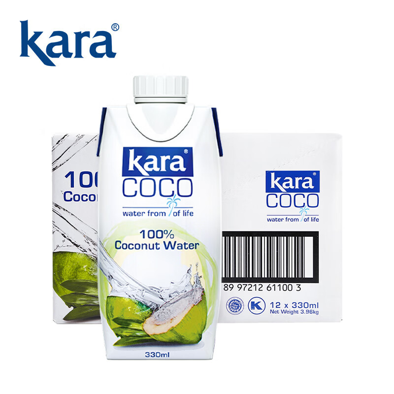 KARA 100% coconut water 330ml*12 bottles, containing electrolytes, quick hydration drink, 0 fat and low calorie