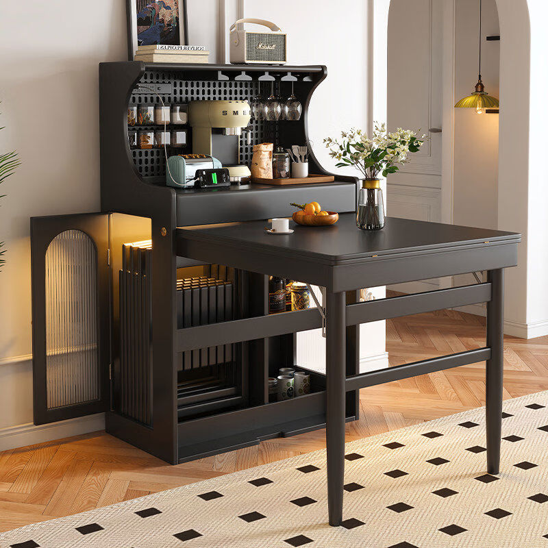 Solid wood folding dining table and sideboard integrated French black retractable dining table American multifunctional dining table for small apartments Yahei solid wood folding dining table + solid wood folding chairs*6