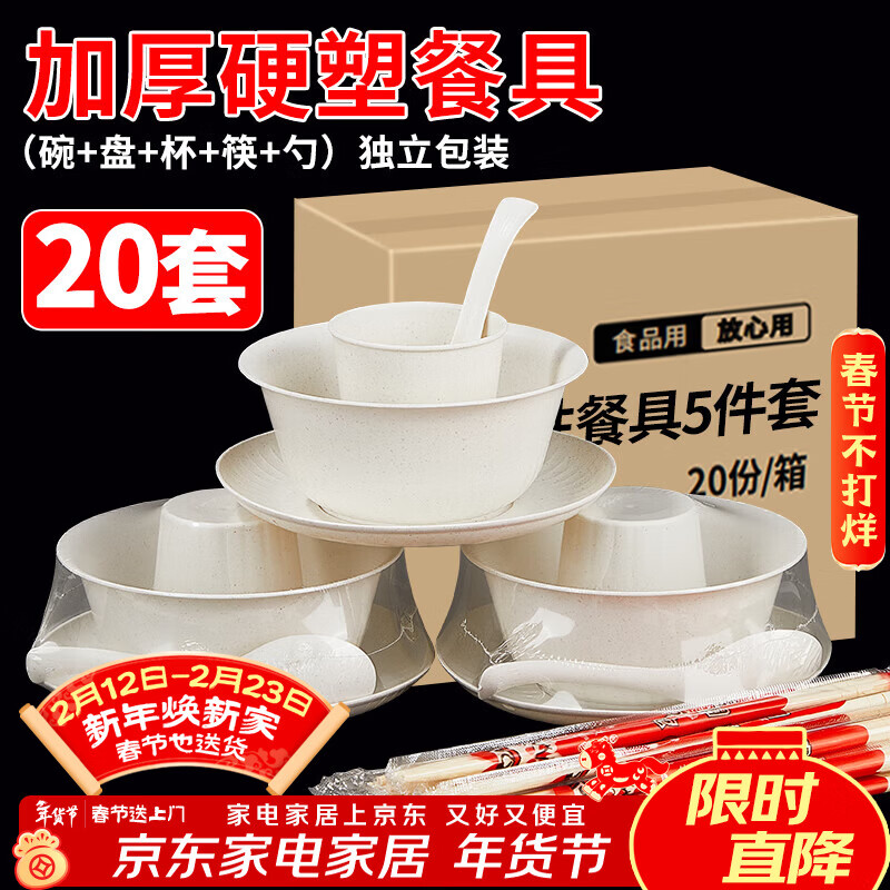 SHUANG YU disposable tableware five-piece set * 20 servings bowls, chopsticks, cups, plates and spoons outdoor picnic individually packaged