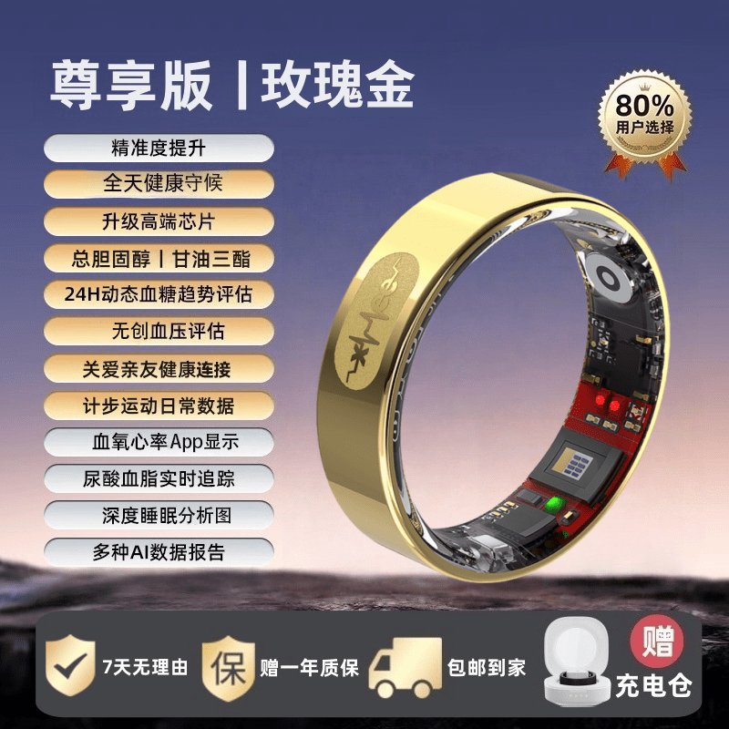 HKMW Hongmeng Huawei's same non-invasive uric acid and blood lipid smart ring 26 years new high blood sugar and blood pressure ring measures cholesterol, high density, real-time sleep blood oxygen heart rate, multi-function, gold model, charging compartment, four items of blood lipids | uric acid | blood pressure | blood sugar | No. 7 (diameter 17, finger circumference 55)