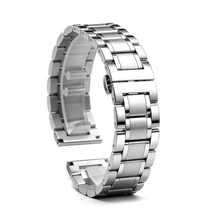 Hong Kong Jazz watch strap steel strap watch chain men and women stainless steel butterfly buckle watch accessories suitable for Tissot, Longines, Omega, Citizen, Mido, Huawei GT watch strap, five-bead steel strap - silver, free curved interface, dial interface width 24mm