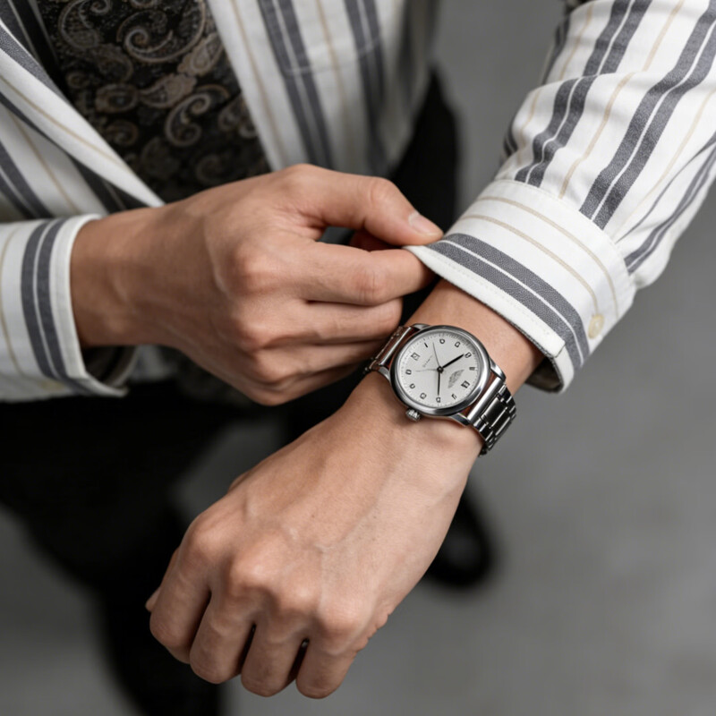 Hong Kong Jazz watch strap steel strap watch chain men and women stainless steel butterfly buckle watch accessories suitable for Tissot, Longines, Omega, Citizen, Mido, Huawei GT watch strap, five-bead steel strap - silver, free curved interface, dial interface width 24mm