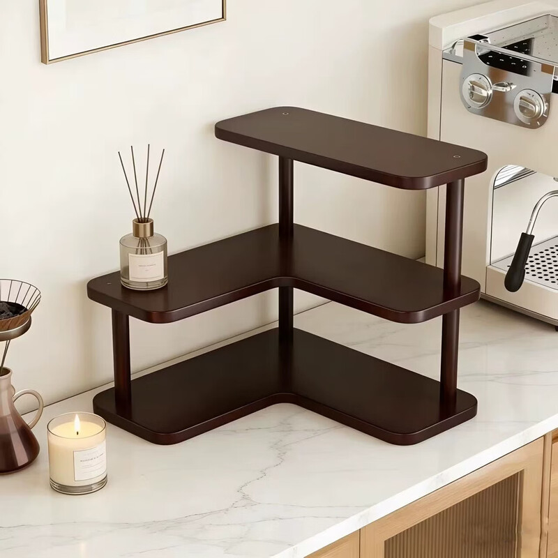 Desktop storage rack, cup storage rack, dining table, workstation, water cup, coffee cup, tea set, corner small cup holder, three-layer corner storage rack - walnut color without edging