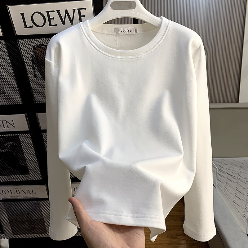 Langsha long-sleeved T-shirt women's white pure cotton petite bottoming shirt brushed plus velvet autumn and winter mid-length sweatshirt inner top 394 Bai De velvet M