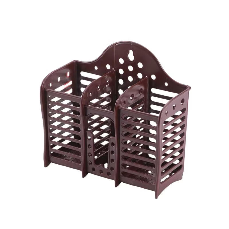 No punching wall-mounted thickened three-compartment chopstick cage retro old-fashioned household drain rack tableware storage plastic chopstick tube three-compartment chopstick cage 1 + 1 hook random color