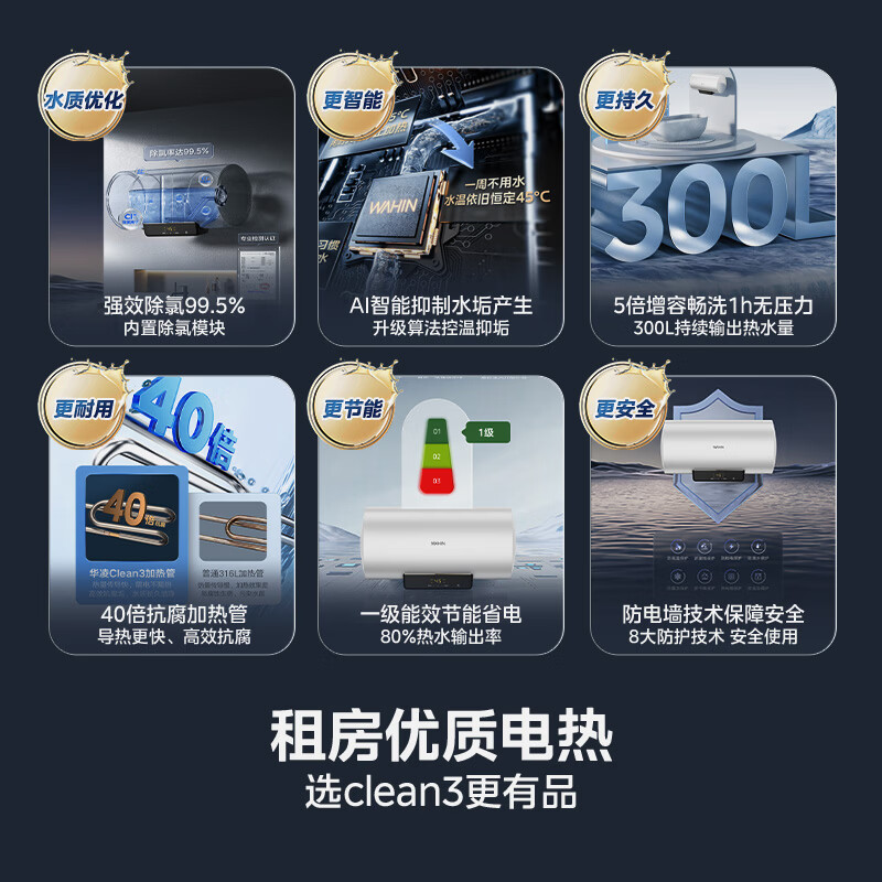 Produced by Hualingmei, dechlorination water purification 60-liter storage-type electric water heater for rental housing, first-class energy efficiency 2200W, no need to replace the magnesium rod, national subsidy F60-22Clean3 (HE)