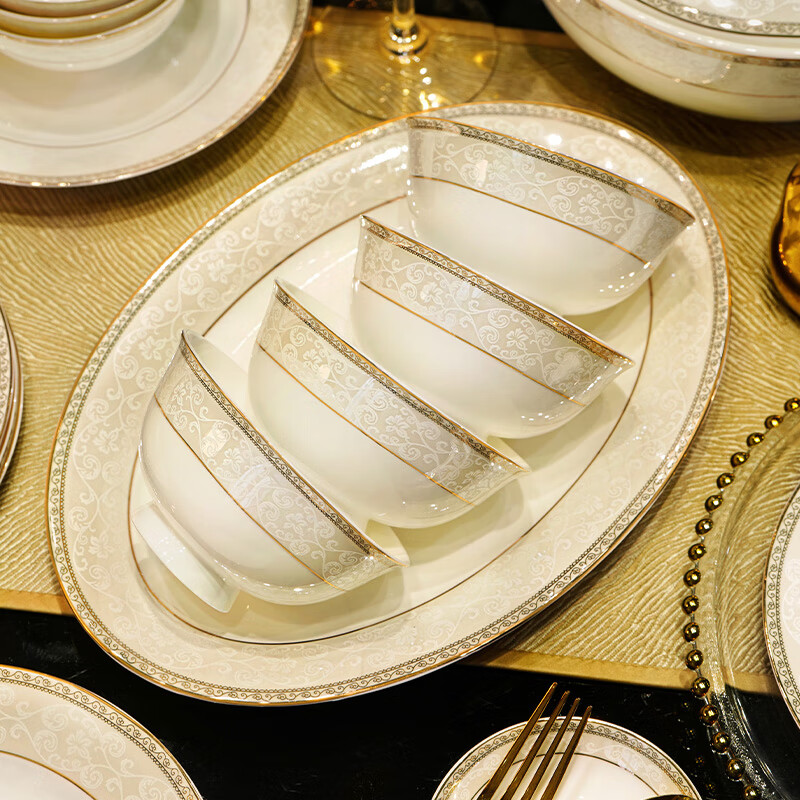 NINE CRANES Jingdezhen tableware set, housewarming gift, ceramic bowl and plate set, household light luxury porcelain bowl and plate set, suitable for microwave oven, 10-person accessory pot, 56-piece set