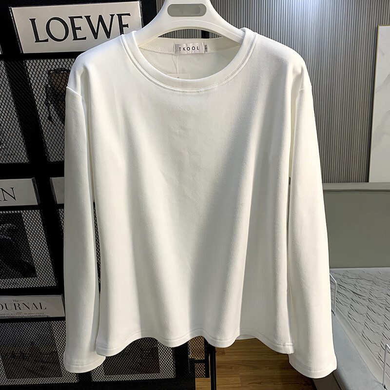 Langsha long-sleeved T-shirt women's white pure cotton petite bottoming shirt brushed plus velvet autumn and winter mid-length sweatshirt inner top 394 Bai De velvet M
