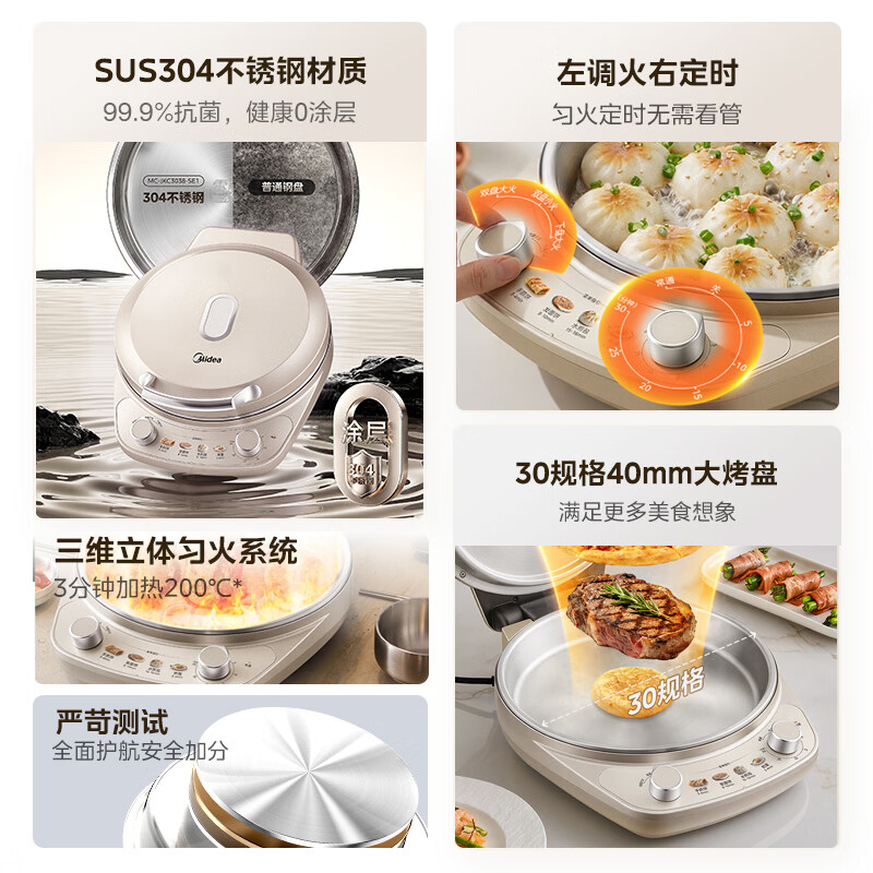 Midea small steel cannon electric pancake pan stainless steel 0 coating with regular flame adjustment 2026 new household 40mm enlarged and deepened double-sided heating pancake pancake pan electric frying pan self-operated SE1
