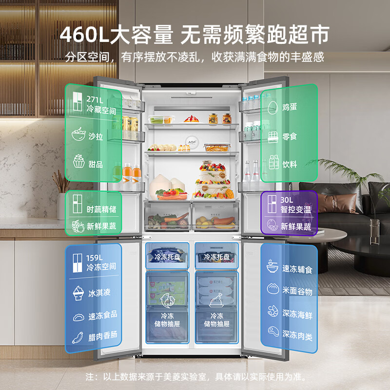 Meiling Storage Division 460L cross-door refrigerator dual-frequency household ultra-thin body air-cooled frost-free new level of energy efficiency BCD-460WSP9CXG1 new national standard national subsidy
