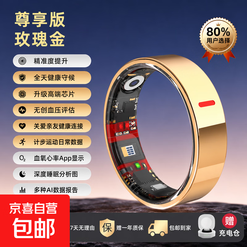 New non-invasive blood sugar and blood pressure smart ring, sleep, blood oxygen and heart rate, multiple sports modes, waterproof photo ring, rose gold, free charging compartment + health detection + sleep analysis + lightweight wearing, size 7, diameter 17, finger circumference 55