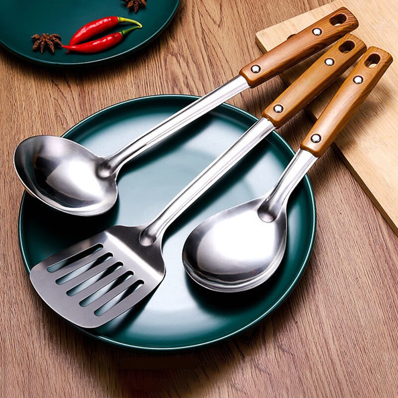 Stainless steel spatula set kitchen cooking spatula soup spoon large colander frying spatula rice spoon pot spoon kitchen cooking tools household kitchen utensils anti-scald handle non-stick pot wok frying pan universal 3-piece set spatula + soup spoon + colander thickened anti-scald handle