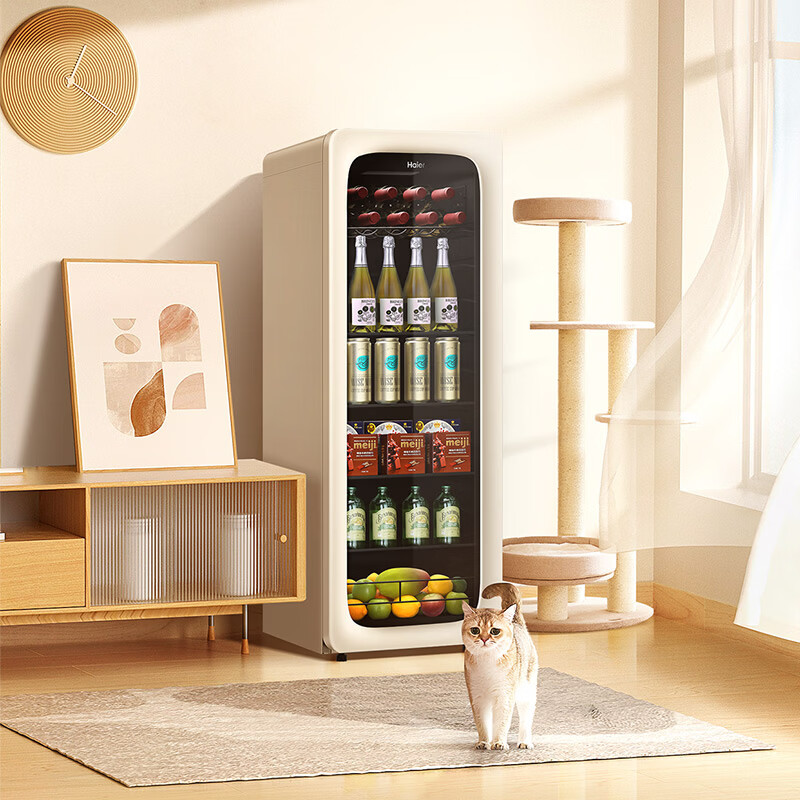Haier ice bar household fresh cabinet living room large capacity small refrigerator freezer air-cooled frost-free first-class energy efficiency office refrigerator black gold purification antibacterial retro vitality series 150L upgraded WiFi fully refrigerated black gold purification air-cooled frost-free