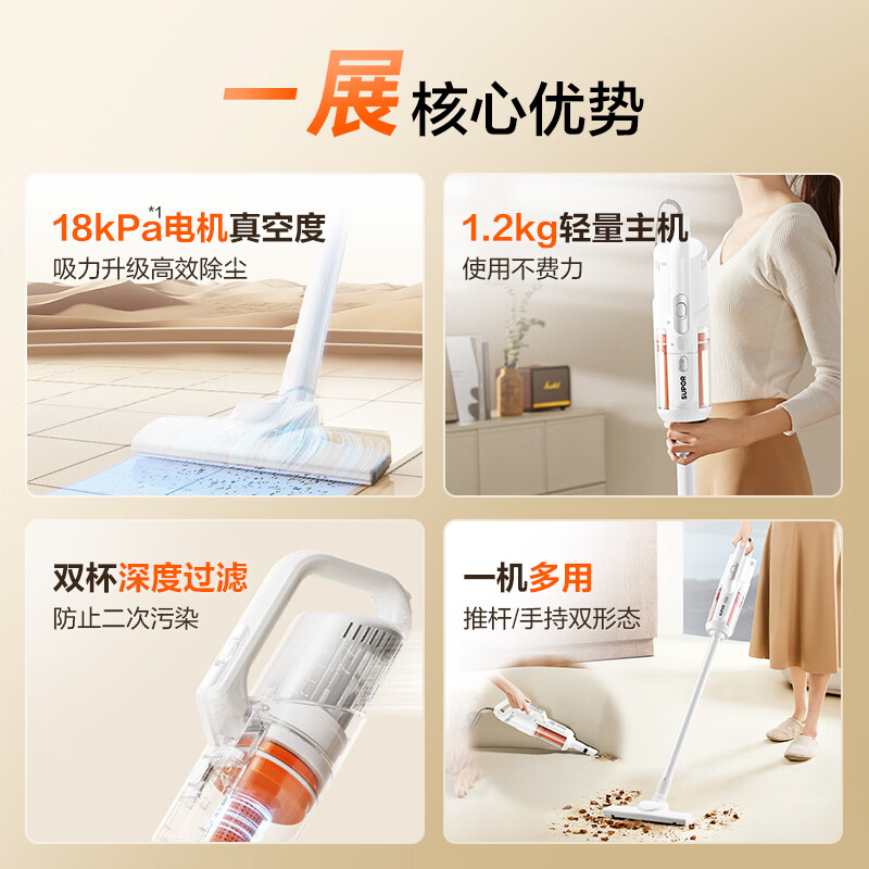 SUPOR vacuum cleaner household wired vacuum cleaner handheld push rod carpet two-in-one small powerful dust removal pet car cleaning 18kpa large suction power white