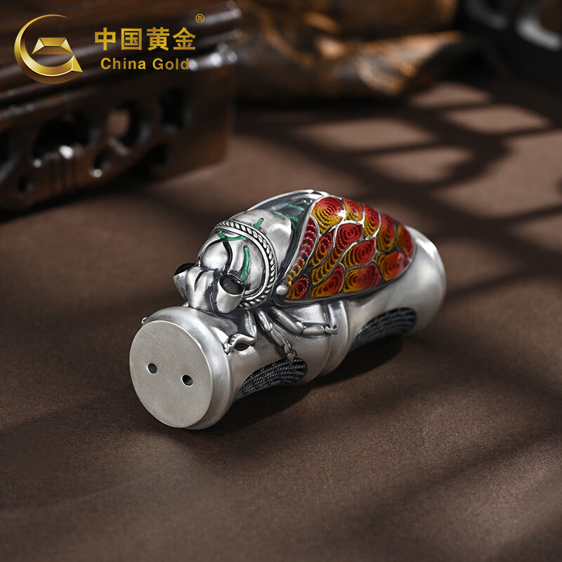 Chinese gold pure silver enamel bamboo cicada silver ornaments, investment collection, high-end gift giving, pure silver enamel bamboo cicada ornaments, about 55g