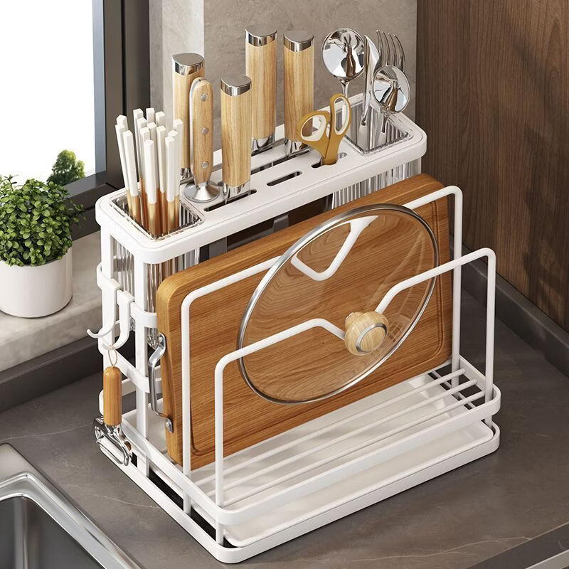 CRHMMFLF kitchen knife holder chopstick barrel storage rack pot lid knife cutting board chopping board rack storage storage rack all-in-one multi-functional kitchen integrated storage rack (carbon steel material) - gray luxury knife holder + double chopstick barrel + chopping board rack + pot lid rack