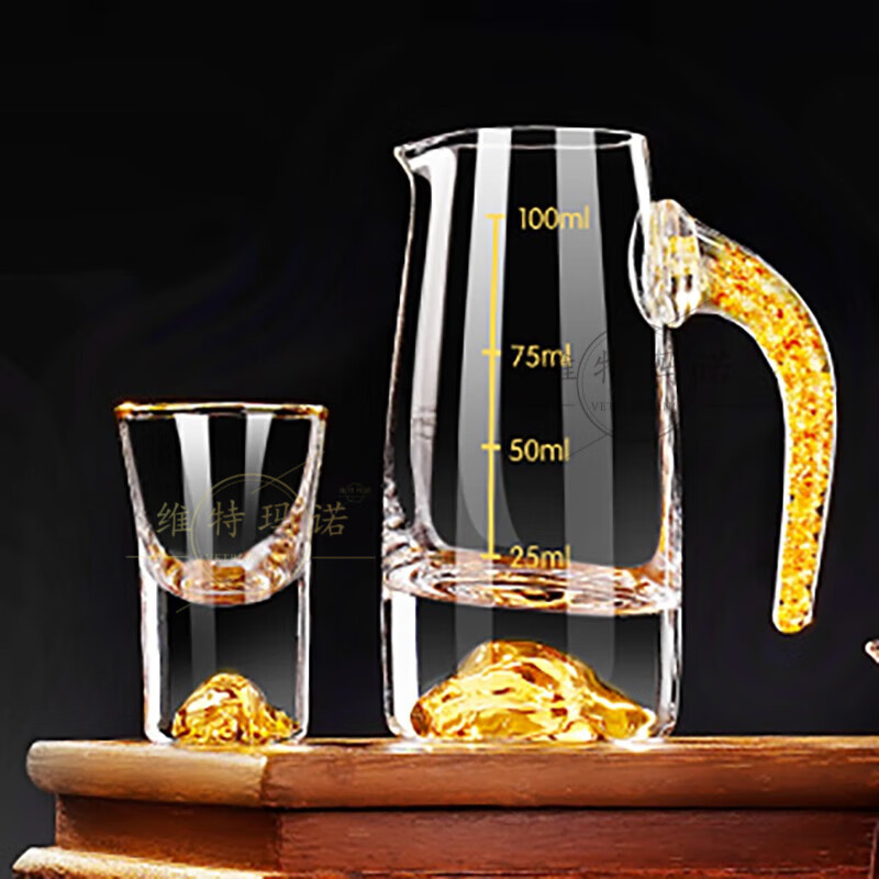 VETROAMANO Jinshan liquor cup set household crystal glass gold foil handle Jinshan bottom wine divider one cup high-end wine set 10 pots 10 cups gold handle gold base
