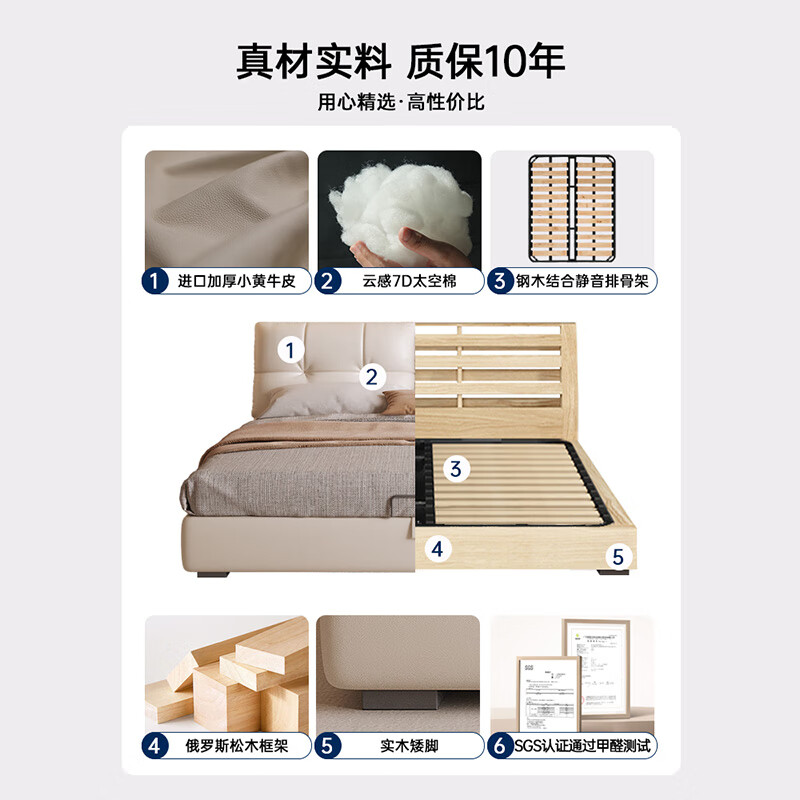 Huangbaoni Guangdong Foshan Italian-style first-layer cowhide bed modern simple master bedroom large bed storage bed 1.8 meters double 2-meter wedding bed first-layer cowhide bed Inquiry to enjoy Double 11 discount 1.8*2 meters frame bed/15cm solid wood bed board