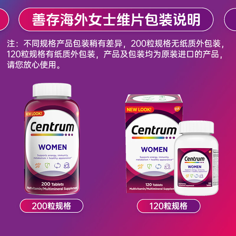 Centrum Overseas Women's Multivitamin VDEB B12 Niacinamide Iron Calcium Magnesium Zinc Selenium Folic Acid Iron 200 capsules/bottle