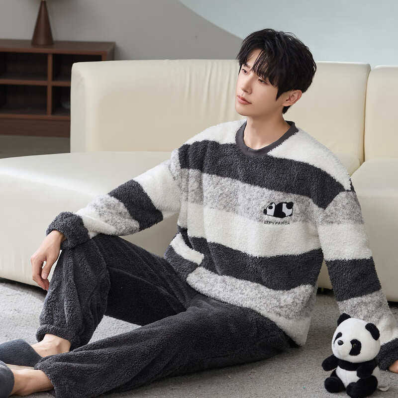 Catman Striped Coral Velvet Couple Pajamas Men's Autumn and Winter Panda Velvet Thickened Men's Warm Home Clothing Literary Style