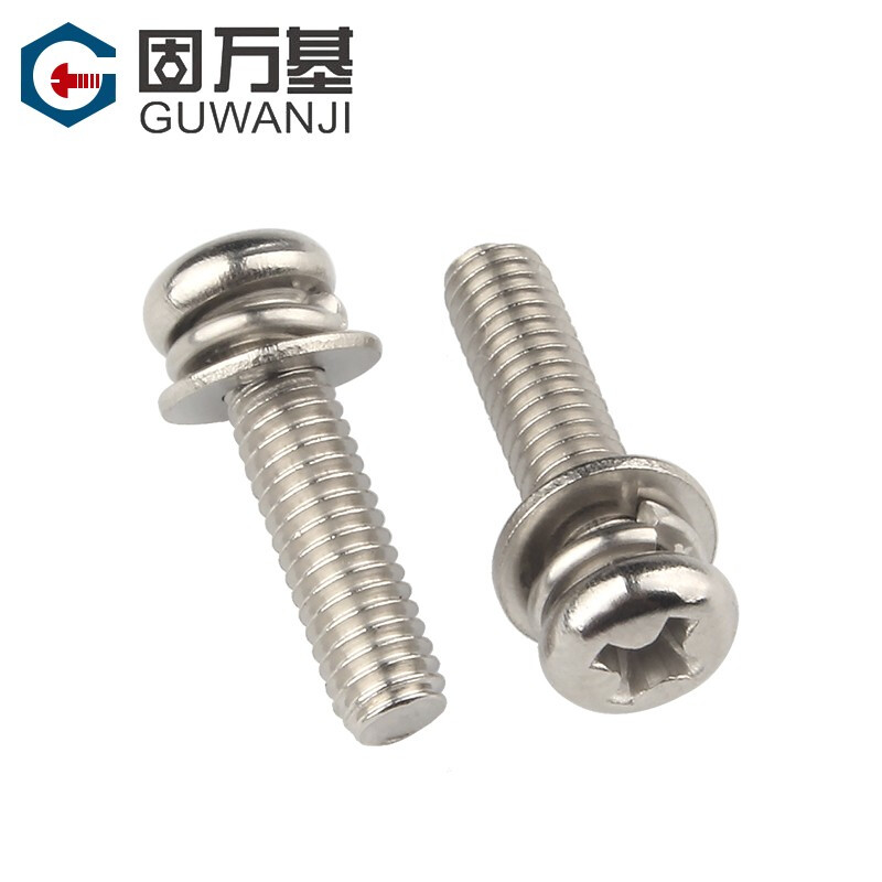 Guwanji nickel-plated cross round head three-combination screw pan head with flat spring washer combination screw cross round head combination M3*6*6 100 pieces