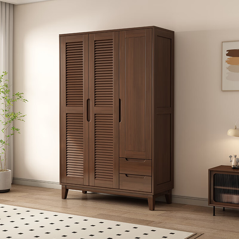 Siguyuan Nordic all solid wood wardrobe hundred-page grille can add top cabinets home bedroom simple two or three doors with drawer storage wardrobe walnut color all solid wood four door wardrobe delivery to home package installation