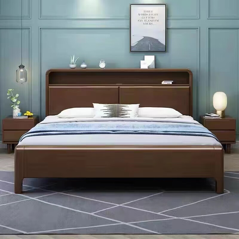 Jinxing white solid wood bed Nordic modern 1.8m single double bed master bedroom high box storage luminous soft back bed with lights single bed (three colors optional) 1.5m*2m silent frame style