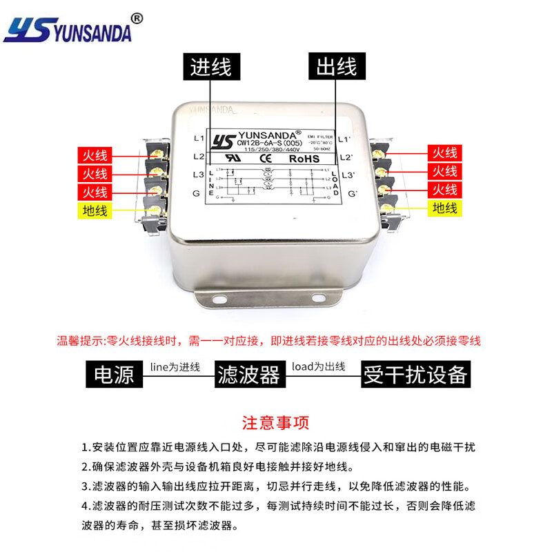 YUNSANDA three-phase three-wire terminal block guide rail type 380V power filter AC anti-interference CW12B-40A-R CW12B-40A-R guide rail installation