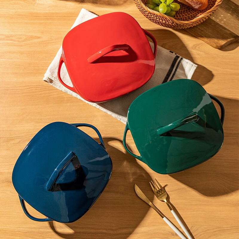 Modern housewife ceramic two-ear anti-scalding baking pan, rice plate, household microwave oven plate, special utensil 7-inch rounded two-ear baking pan (white)