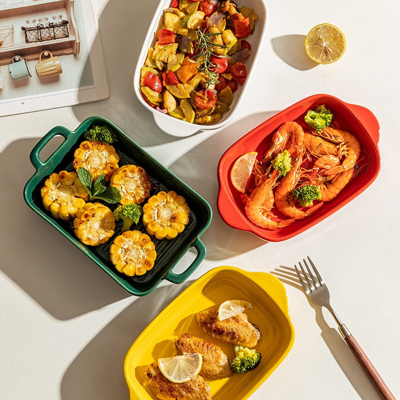 Modern housewife ceramic two-ear anti-scalding baking pan, rice plate, household microwave oven plate, special utensil 7-inch rounded two-ear baking pan (white)