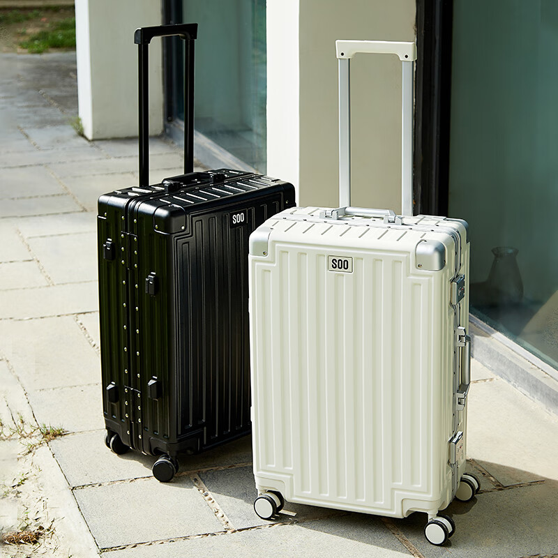 SOO aluminum frame suitcase high-looking trolley case sturdy suitcase password case leather case with cup holder black 26 inches
