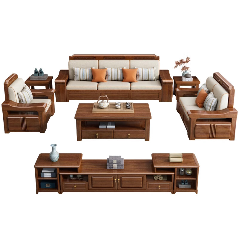 Nuanjia solid wood sofa living room complete set of winter and summer dual-purpose storage Chinese style large and small apartment golden walnut sofa furniture five people + imperial concubine couch