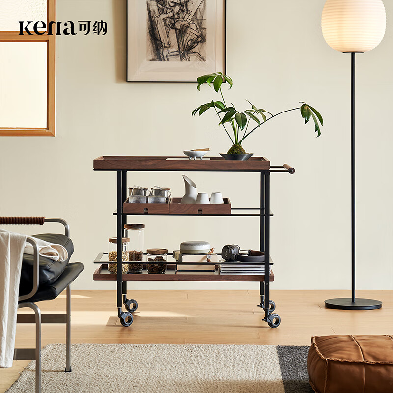 Kona Vans Black Walnut Solid Wood Trolley Storage Coffee Table Simple Living Room Movable Side Table Z Walnut-Ultra Light Aluminum Frame Trolley