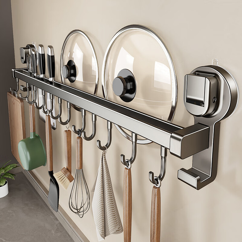 There are suction cup kitchen hooks, no punching, kitchen storage racks, wall-mounted spatulas, lids, spoons, multi-functional storage racks, double poles 60CM with 12 hooks, strong suction cups