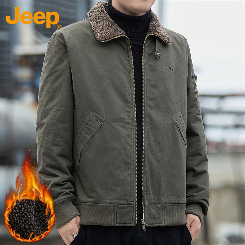 JEEP Jeep Jacket Men's Autumn and Winter Work Jacket Men's Loose Casual Trendy Clothes Men's Military Green Velvet XL