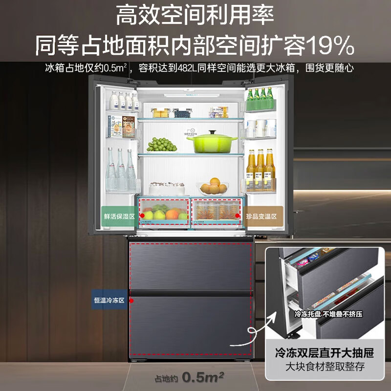 Haier government subsidy 15% Xiaohonghua 482L594mm ultra-thin zero-embedded French multi-door four-door EPP ultra-clean sterilization dry and wet storage first-level energy-efficient household refrigerator. Consult to receive subsidies BCD-482WGHFDB9SYU1
