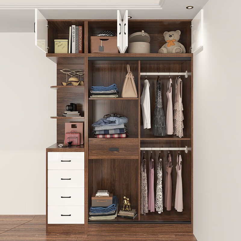 Bai Qian free installation wardrobe sliding door simple cabinet home bedroom storage storage wardrobe large capacity wardrobe white + black walnut color 200 long three-door main cabinet + top cabinet + side cabinet