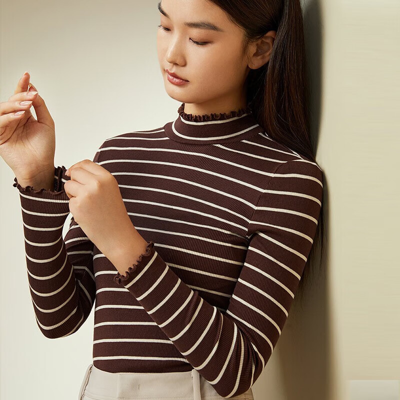 Jinsanta bottoming shirt for women, silk mulberry silk cotton spandex striped warm basic bottoming top, coffee fragrant rice sticks XL