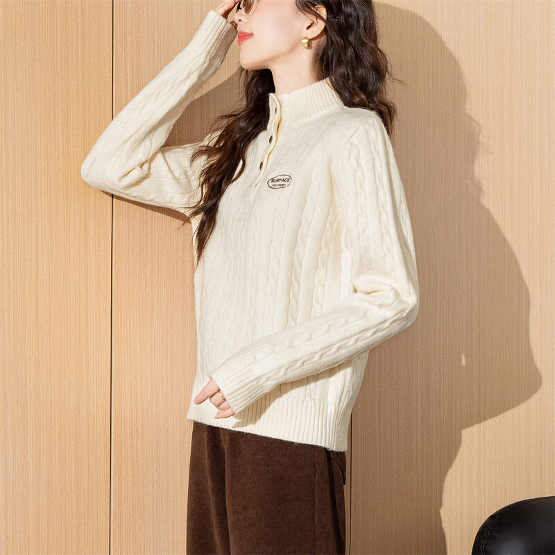 TonLion 2025 Autumn Women's Exquisite Cable Half Cardigan Half Turtle Collar Pullover Sweater Simple and Versatile Korean Fashion