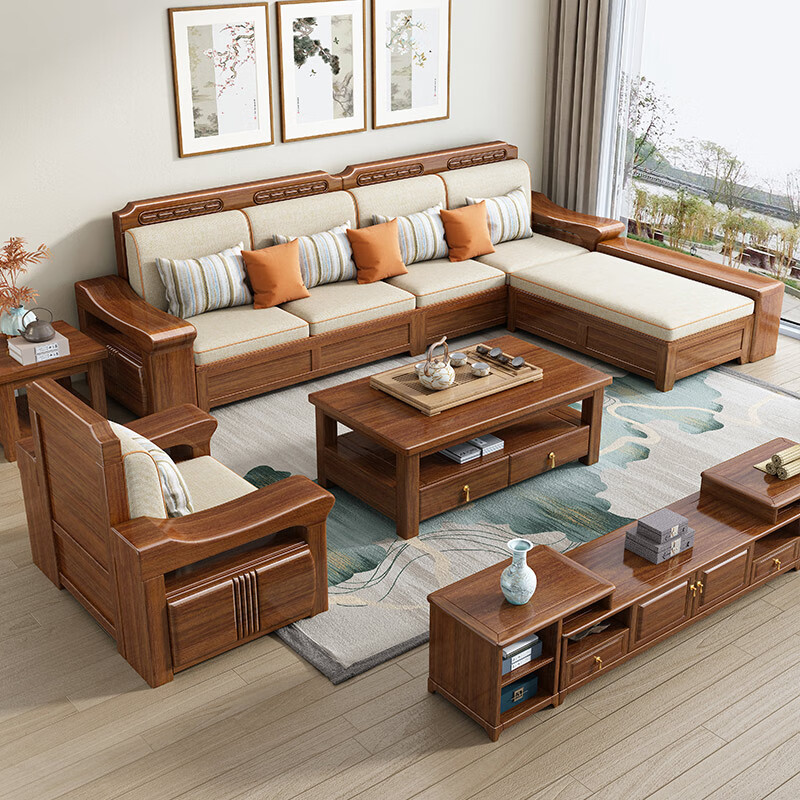 Nuanjia solid wood sofa living room complete set of winter and summer dual-purpose storage Chinese style large and small apartment golden walnut sofa furniture five people + imperial concubine couch